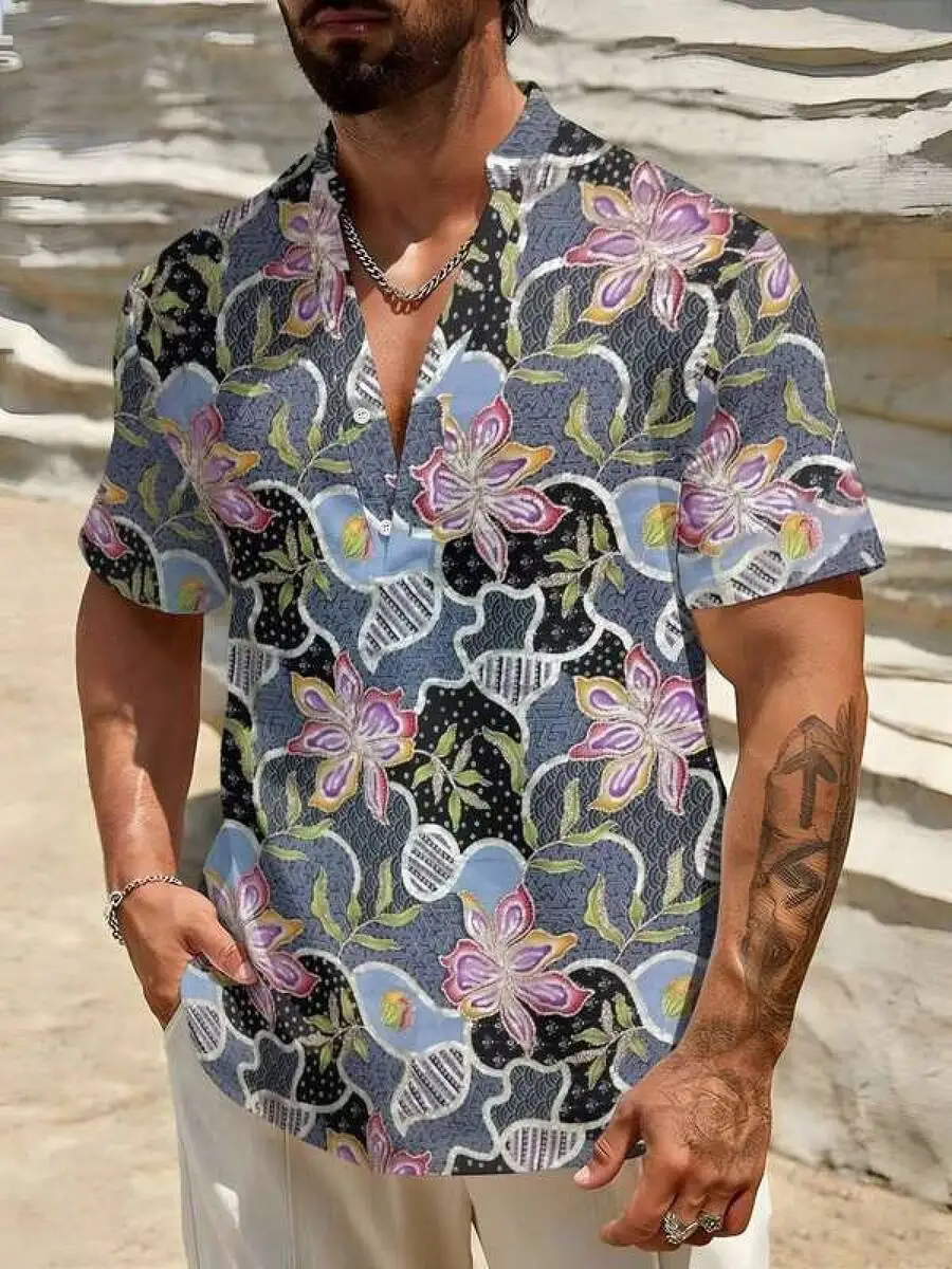 Mens Floral Polka Dot Print Loose Henley Shirt With Deep V Neck Short Sleeve Casual Summer Top
Mens Floral Polka Dot Print Loose Henley Shirt With Deep V Neck Short Sleeve Casual Summer Top