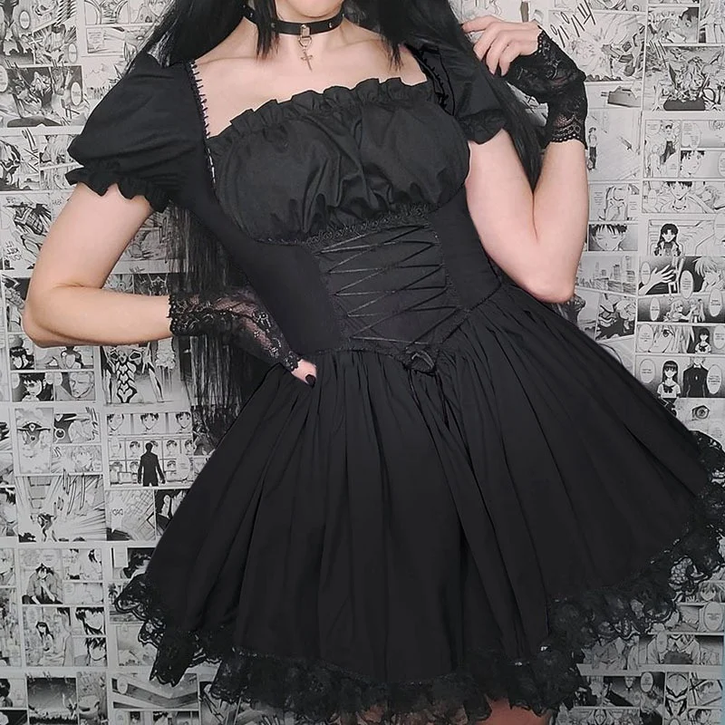 Women's Gothic Puff Sleeve Mini Dress Square Collar Lace Ball Gown Princess Dress Sexy Dress Bla
Women's Gothic Puff Sleeve Mini Dress Square Collar Lace Ball Gown Princess Dress Sexy Dress Bla