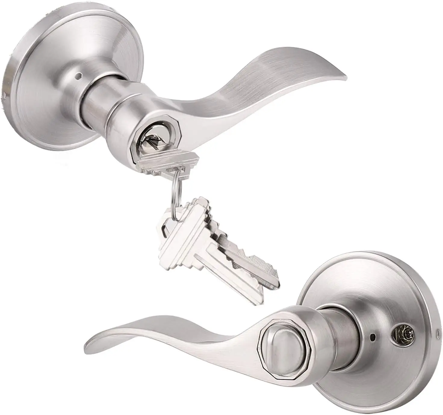 Keyed Entry Door Lever with Lock and Key, Satin Nickel Reversible Drop Style Exterior Door Knob, Heavy Duty Zinc Alloy
Keyed Entry Door Lever with Lock and Key, Satin Nickel Reversible Drop Style Exterior Door Knob, Heavy Duty Zinc Alloy