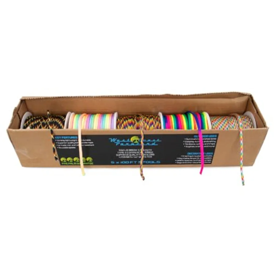 550lb Paracord Variety Supplies Type III Paracord Box Set 100 Foot Spools of 5 Colors for Outdoor Survival Emergency Preparedne
550lb Paracord Variety Supplies Type III Paracord Box Set 100 Foot Spools of 5 Colors for Outdoor Survival Emergency Preparedne
