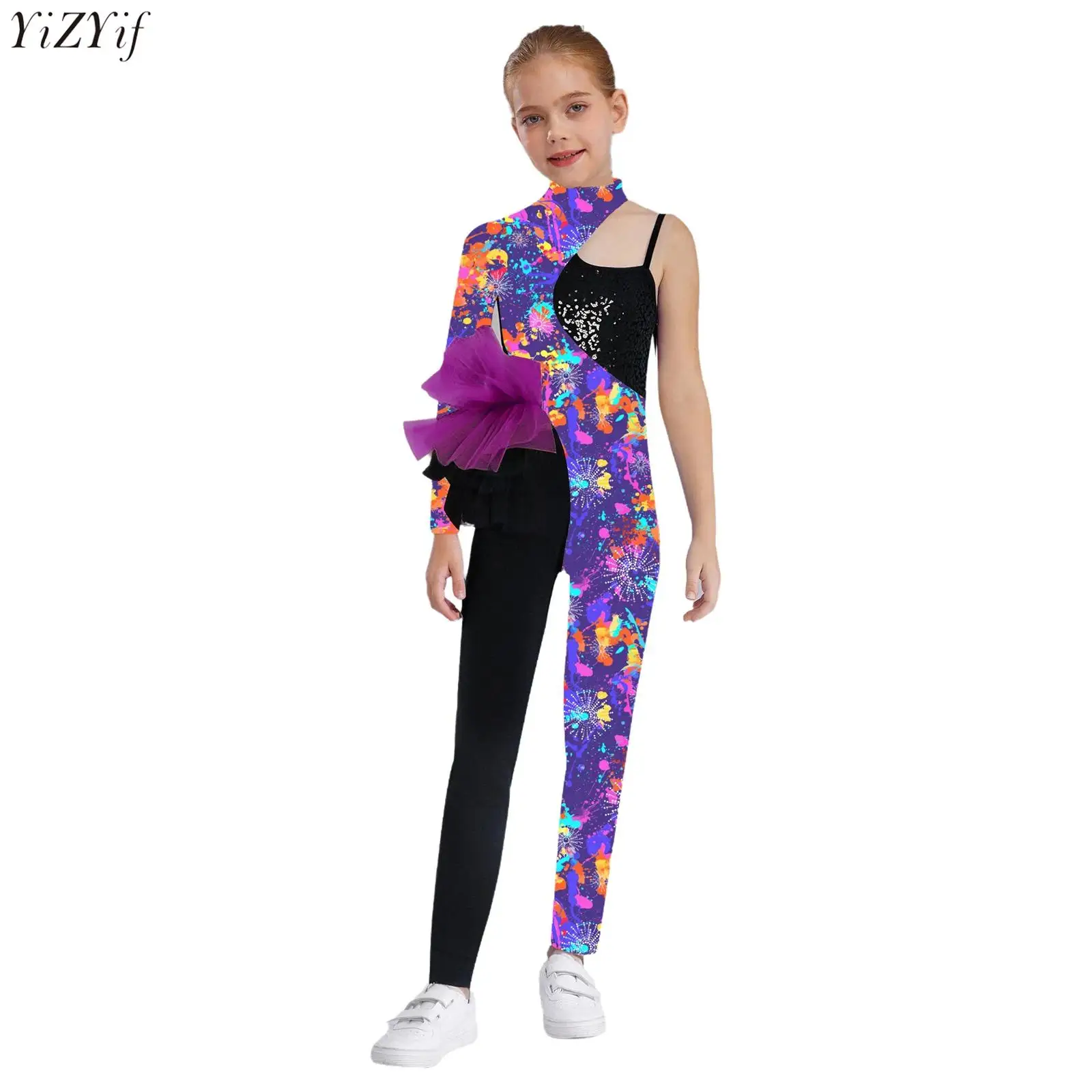 Kids Girls Printed Gymnastics Jumpsuit Asymmetrical Long Sleeve Patchwork Side Tulle Peplum Sequin Bodysuit Ballet Dance Costume
Kids Girls Printed Gymnastics Jumpsuit Asymmetrical Long Sleeve Patchwork Side Tulle Peplum Sequin Bodysuit Ballet Dance Costume