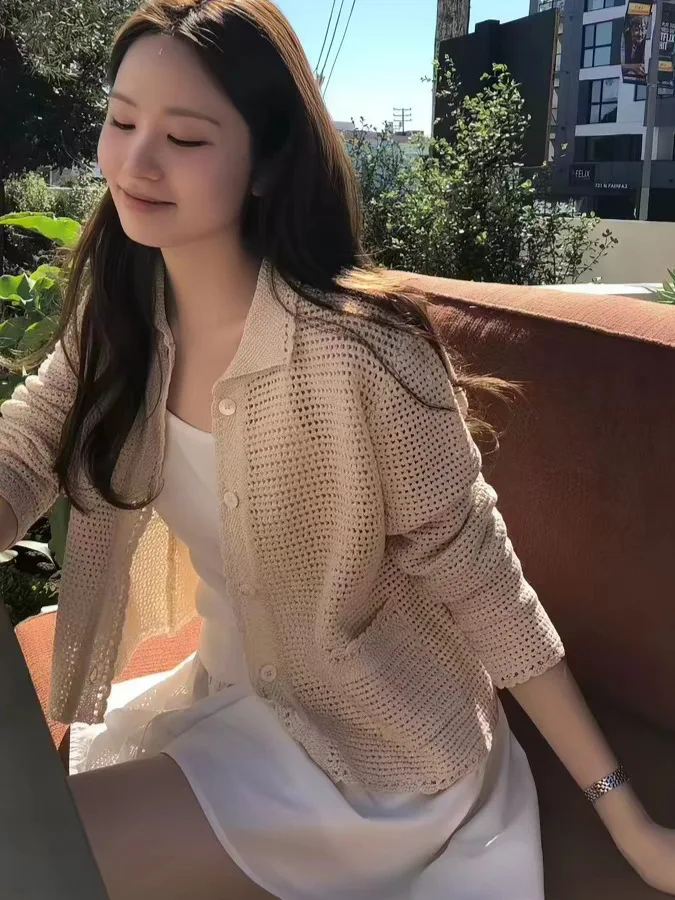 Spring Summer 2026 Dongdaemun Korean Style Slimming Hollow out Thin Knitted Cardigan Women's Loose Fit Long Sleeve Knitwear
Spring Summer 2026 Dongdaemun Korean Style Slimming Hollow out Thin Knitted Cardigan Women's Loose Fit Long Sleeve Knitwear