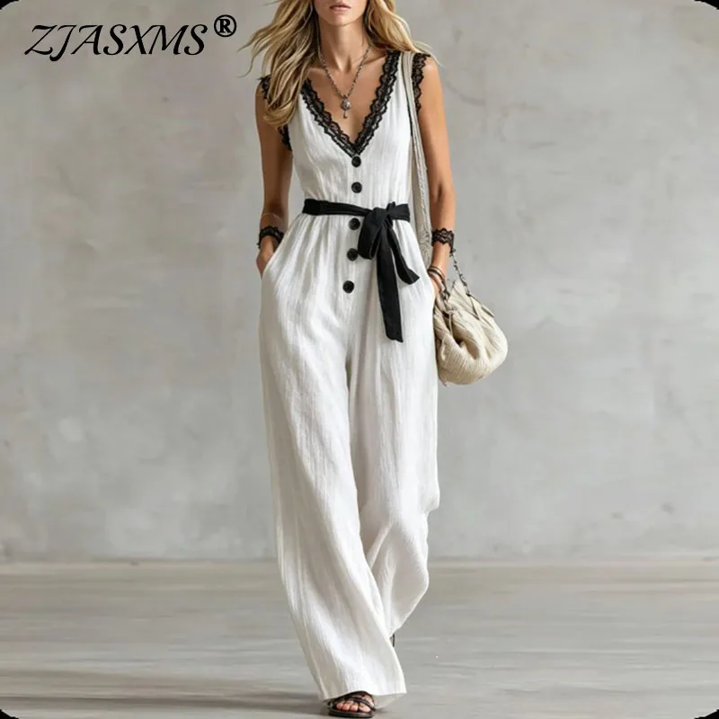 Women Lace Trim Jumpsuit Summer V Neck Sleeveless Belt Wide Leg Jumpsuits Vintage Button Loose Holiday Beach Long Pants Rompers
Women Lace Trim Jumpsuit Summer V Neck Sleeveless Belt Wide Leg Jumpsuits Vintage Button Loose Holiday Beach Long Pants Rompers