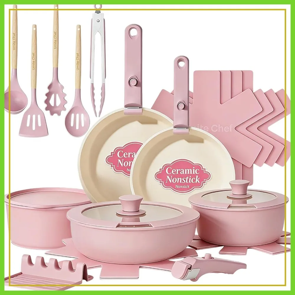 21 Pcs Nonstick Ceramic Cookware Set with Detachable Handles, Stackable, Oven Safe, Induction Compatible, Pink, PFAS-Free
21 Pcs Nonstick Ceramic Cookware Set with Detachable Handles, Stackable, Oven Safe, Induction Compatible, Pink, PFAS-Free