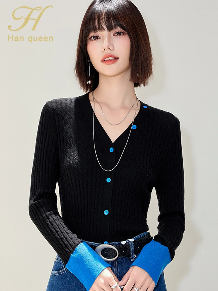 H Han Queen, осенне-зимние топы с v-образным вырезом, винтажный тонкий кардиган с цветными блоками, свитер, женская одежда, базовый трикотаж с длинными рукавами 
H Han Queen, осенне-зимние топы с v-образным вырезом, винтажный тонкий кардиган с цветными блоками, свитер, женская одежда, базовый трикотаж с длинными рукавами