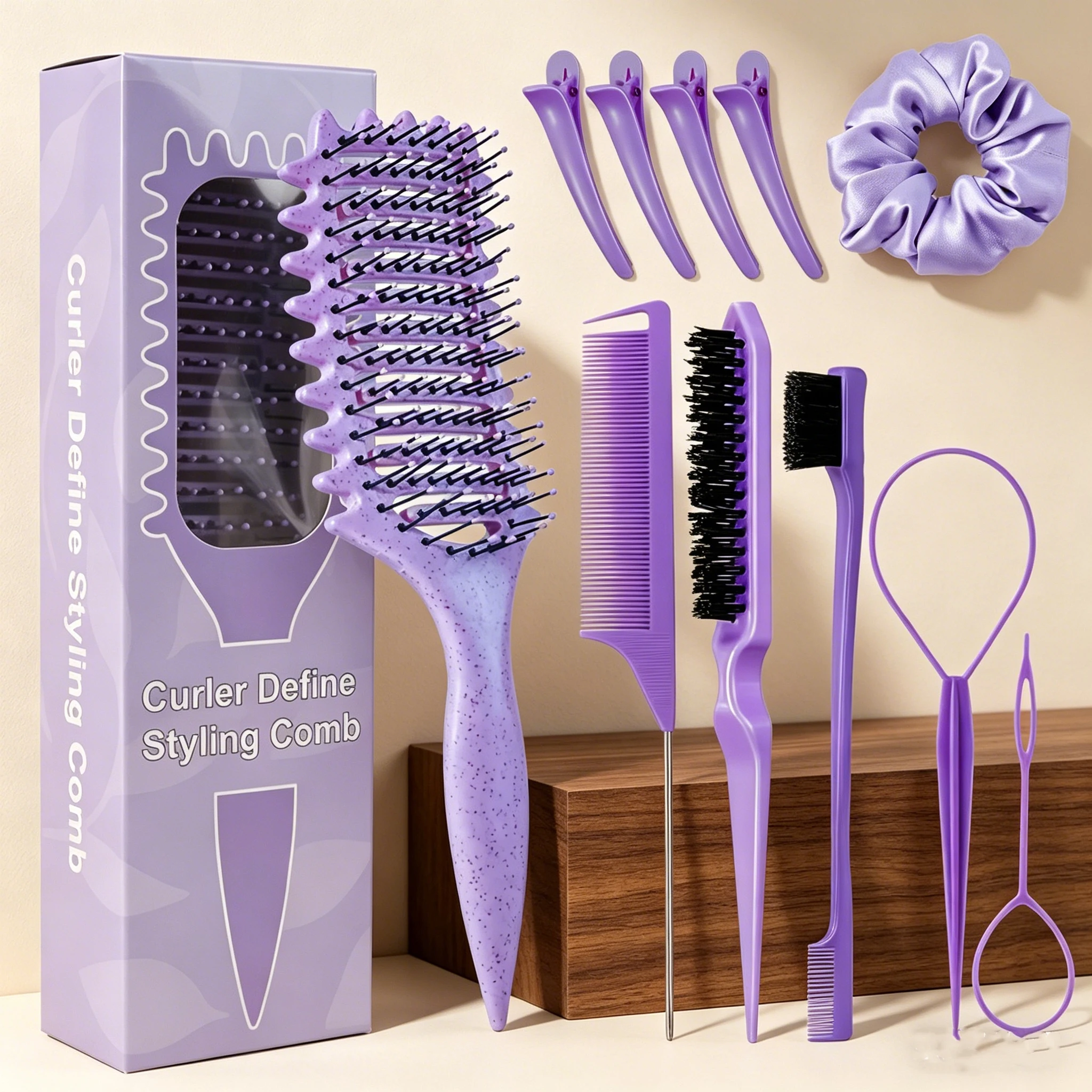 11 piece comb set with hair brush, comb, edge control brush, 4 duckbill hair clips, and headband, special for real hair wigs
11 piece comb set with hair brush, comb, edge control brush, 4 duckbill hair clips, and headband, special for real hair wigs