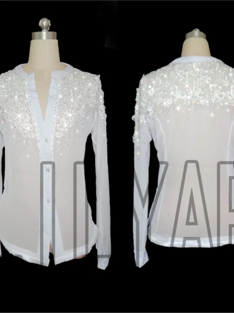 Latin Dance Men's Top Shirt T-shirt Competition Performance Suit White V-neck Long Sleeved Rhinestone Sparkling Style
Latin Dance Men's Top Shirt T-shirt Competition Performance Suit White V-neck Long Sleeved Rhinestone Sparkling Style