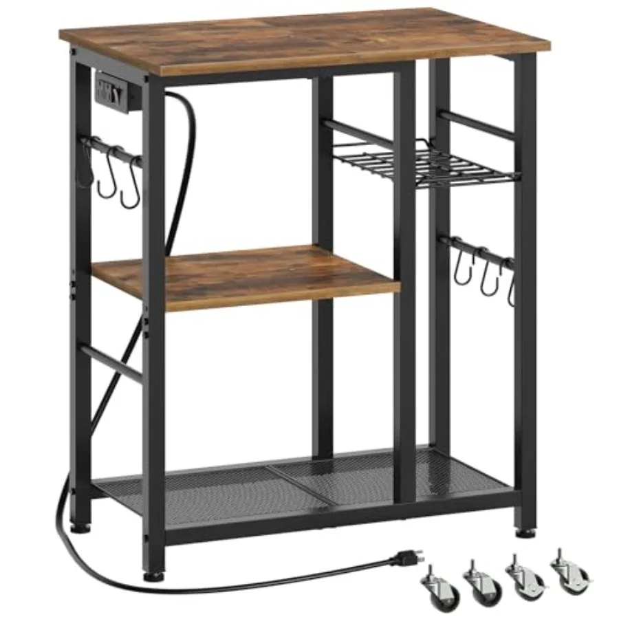 Movable Bakers Rack Microwave Stand with Charging Station Kitchen Storage Rack with Hooks and Basket Casters and Adjustable Fee
Movable Bakers Rack Microwave Stand with Charging Station Kitchen Storage Rack with Hooks and Basket Casters and Adjustable Fee