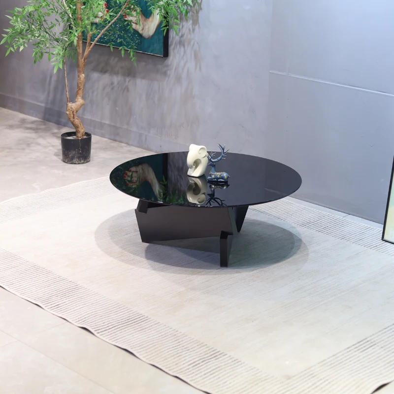Modern round coffee table - solid wood base, black tempered glass top
Modern round coffee table - solid wood base, black tempered glass top
