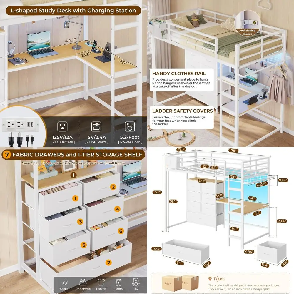 Двухъярусная металлическая кровать размера Twin с L-образным столом, 7 ящиками, светодиодной подсветкой, зарядной станцией, защитным барьером, лестницей, белая
Двухъярусная металлическая кровать размера Twin с L-образным столом, 7 ящиками, светодиодной подсветкой, зарядной станцией, защитным барьером, лестницей, белая