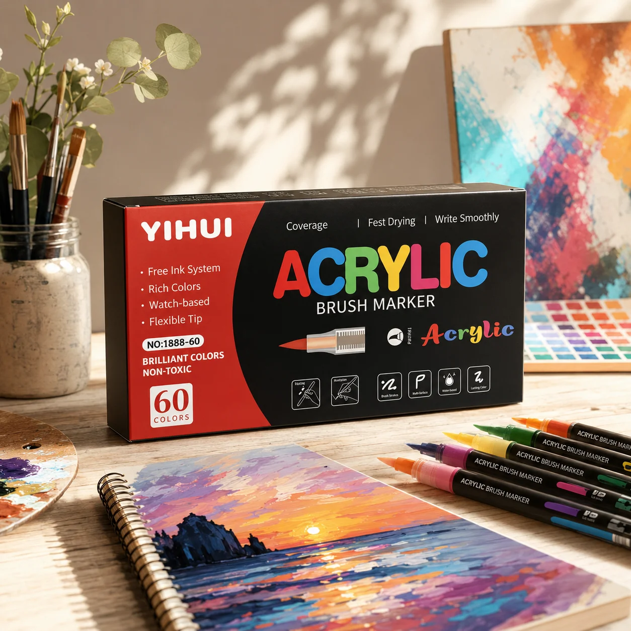 12-60 Colors Professional Acrylic Brush Markers Set Free Ink System Liquid Paint Pens, Flexible Tip Multi-Surface Waterproof
12-60 Colors Professional Acrylic Brush Markers Set Free Ink System Liquid Paint Pens, Flexible Tip Multi-Surface Waterproof