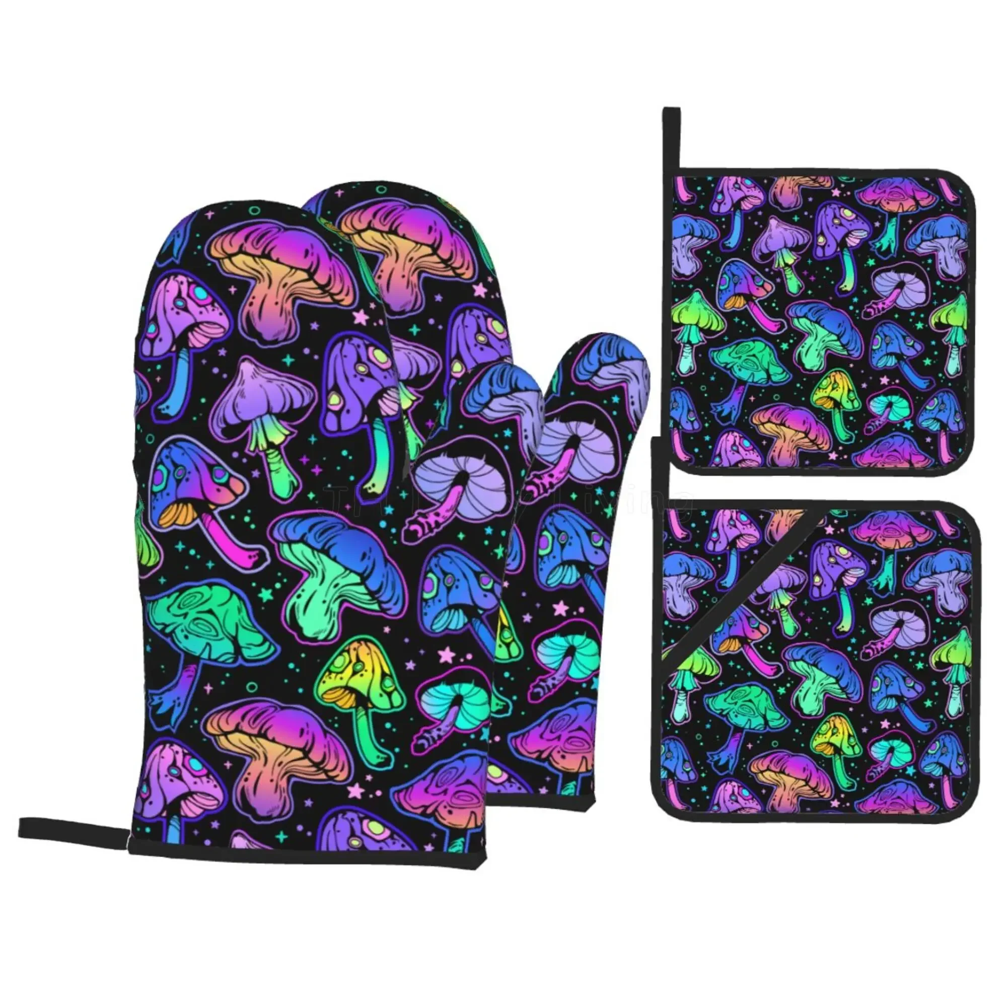 Красочные перчатки для духовки и подставки для кастрюль Magic Mushroom Art, наборы из 4 высокотемпературных нескользящих хлопковых подкладок для кухонной микроволновой печи 
Красочные перчатки для духовки и подставки для кастрюль Magic Mushroom Art, наборы из 4 высокотемпературных нескользящих хлопковых подкладок для кухонной микроволновой печи