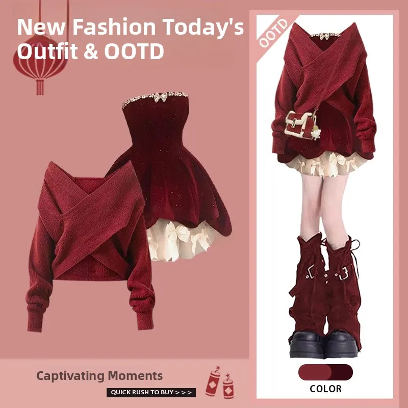 Lazy Style Women's Knitted Sweater And Tube Dress Two-Piece Set Red Color for New Year Celebration Spring Fashion Collection
Lazy Style Women's Knitted Sweater And Tube Dress Two-Piece Set Red Color for New Year Celebration Spring Fashion Collection