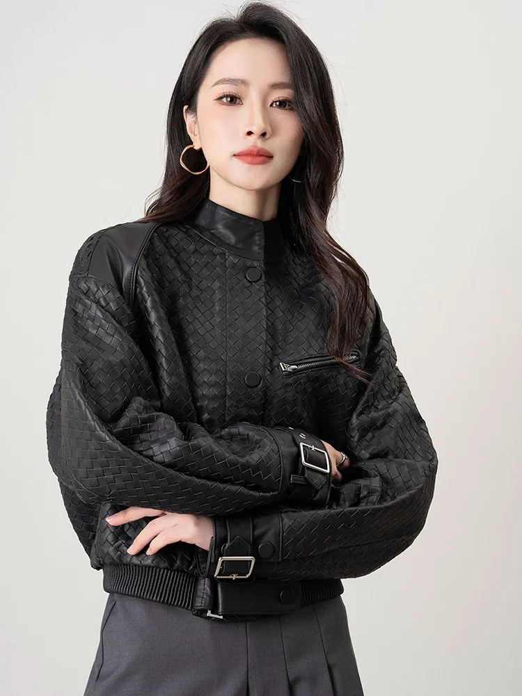 Genuine Leather Motorcycle Jacket for Women Spring Autumn High-end Simple Stand Collar Soft Black Hand-woven Real Sheepskin Coat
Genuine Leather Motorcycle Jacket for Women Spring Autumn High-end Simple Stand Collar Soft Black Hand-woven Real Sheepskin Coat