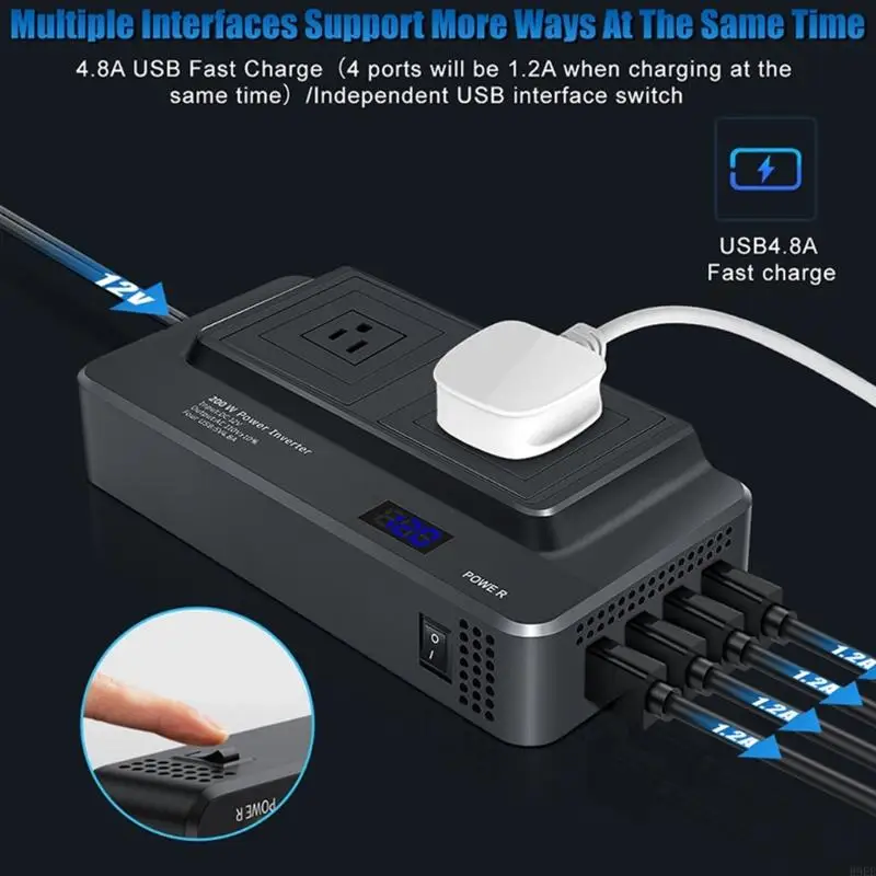 Car Truck Power Inverter 200W 12V/24V to 110V Converter with Two Outlets 4 USB Ports Display and Cooling Vents H9EE
Car Truck Power Inverter 200W 12V/24V to 110V Converter with Two Outlets 4 USB Ports Display and Cooling Vents H9EE