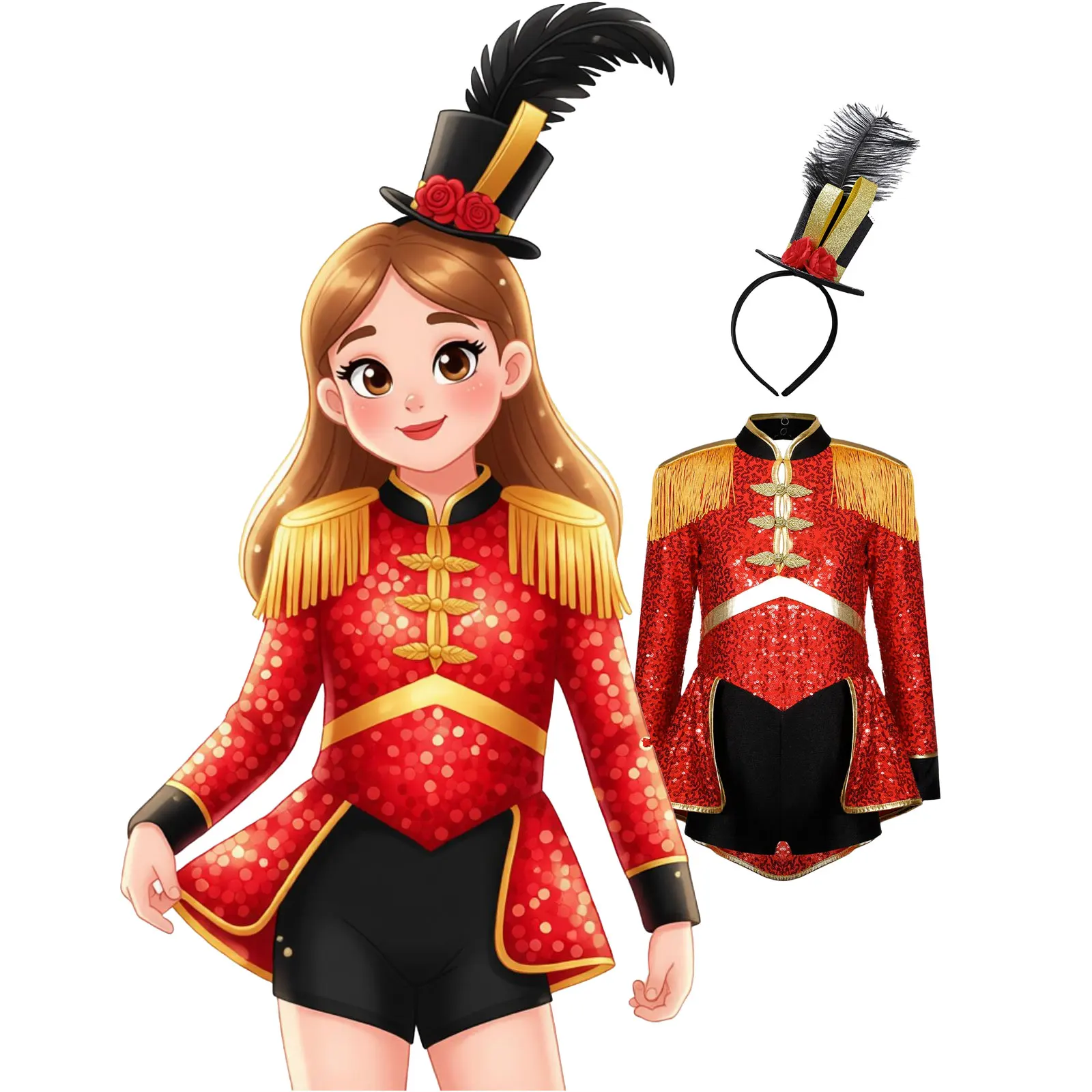 Girls Circus Magician Costume Ringmaster Lion Tamer Halloween Cosplay Costume with Hat Outfit Drummer Marching Band Team Uniform
Girls Circus Magician Costume Ringmaster Lion Tamer Halloween Cosplay Costume with Hat Outfit Drummer Marching Band Team Uniform