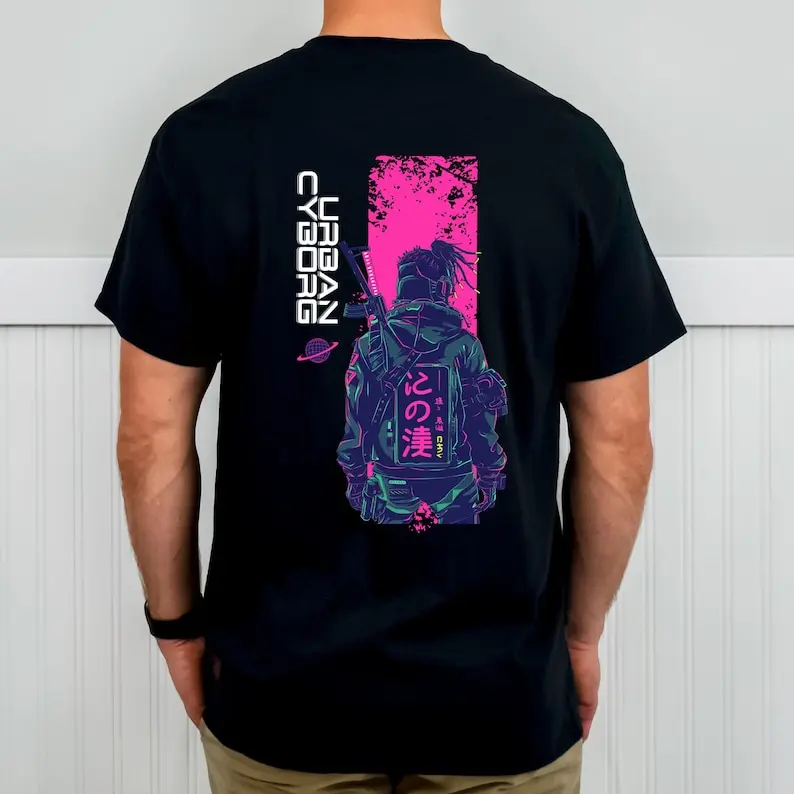 Urban Cyborg Backprint T-Shirt, Futuristic Cyberpunk Design with Neon Warrior and Japanese Typography, Crewneck Unisex Shirt
Urban Cyborg Backprint T-Shirt, Futuristic Cyberpunk Design with Neon Warrior and Japanese Typography, Crewneck Unisex Shirt