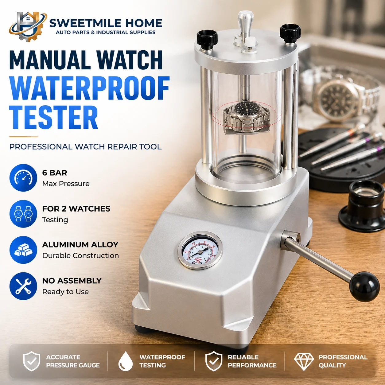 6 Bar Manual Watch Waterproof Tester Aluminum Alloy Watch Pressure Tester for 2 Watches Repair Tool No Assembly Silver
6 Bar Manual Watch Waterproof Tester Aluminum Alloy Watch Pressure Tester for 2 Watches Repair Tool No Assembly Silver