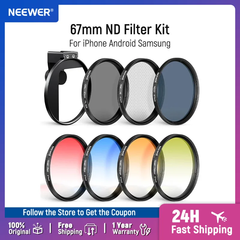 NEEWER 67mm ND Filter Kit with Cold Shoe Phone Filter Clip,Compatible with iPhone 17 16 Android Samsung Galaxy S26 Ultra
NEEWER 67mm ND Filter Kit with Cold Shoe Phone Filter Clip,Compatible with iPhone 17 16 Android Samsung Galaxy S26 Ultra