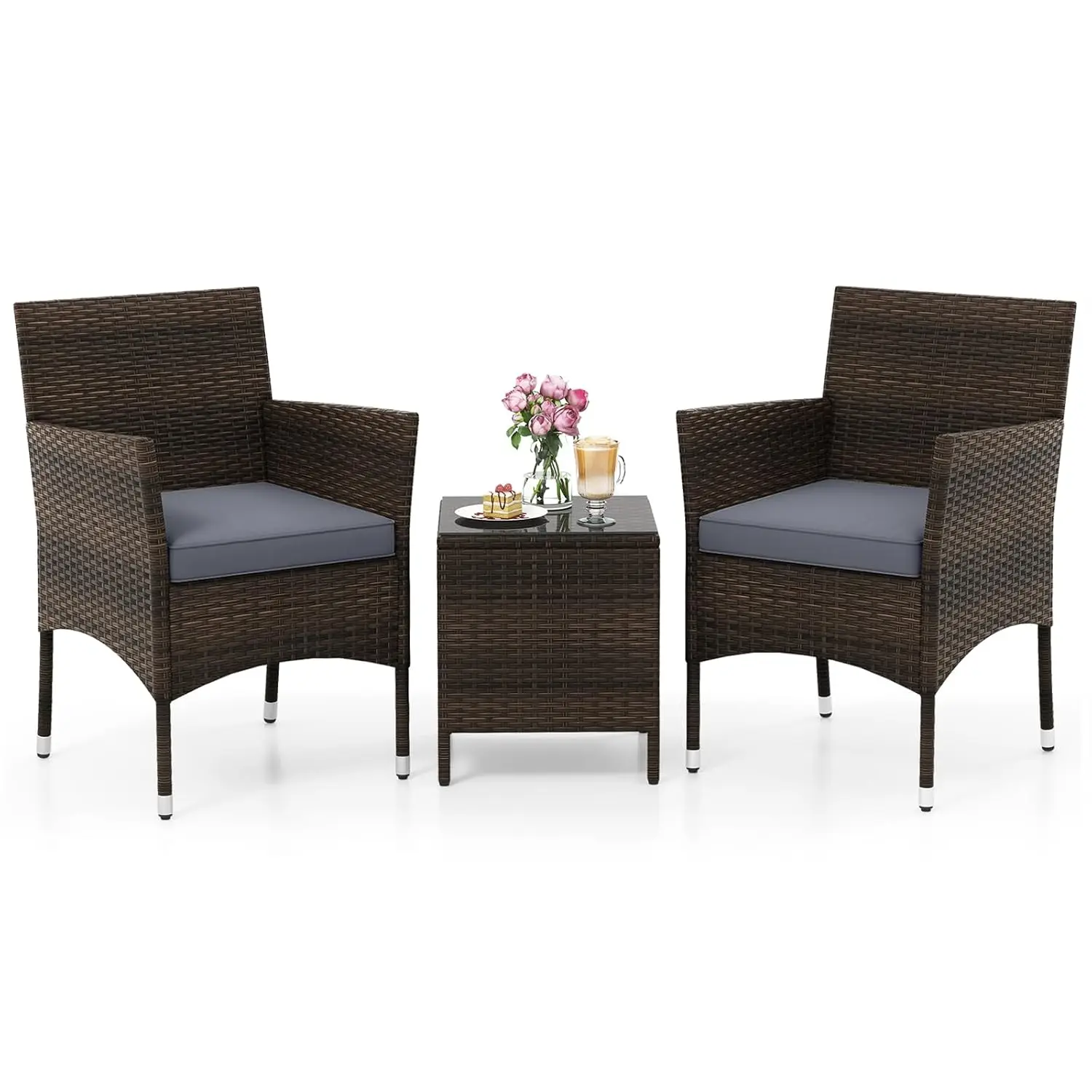 3 Piece Patio Furniture Set, Outdoor Wicker Patio Chairs with Soft Cushions & Tempered Glass Top Table, PE Rattan, Customized
3 Piece Patio Furniture Set, Outdoor Wicker Patio Chairs with Soft Cushions & Tempered Glass Top Table, PE Rattan, Customized