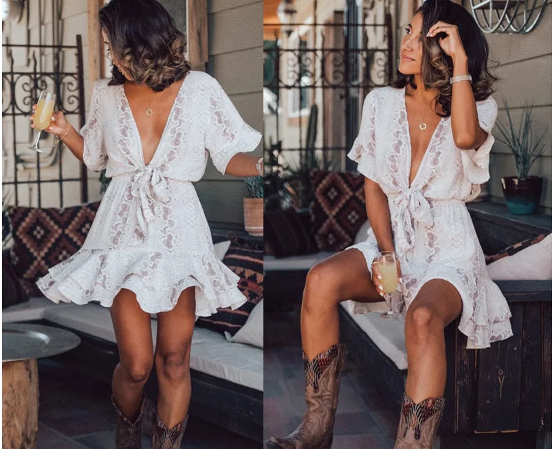 Women's Lace V-Neck Tie-Waist Dress Ruffled Hem and Short Sleeve Design
Women's Lace V-Neck Tie-Waist Dress Ruffled Hem and Short Sleeve Design