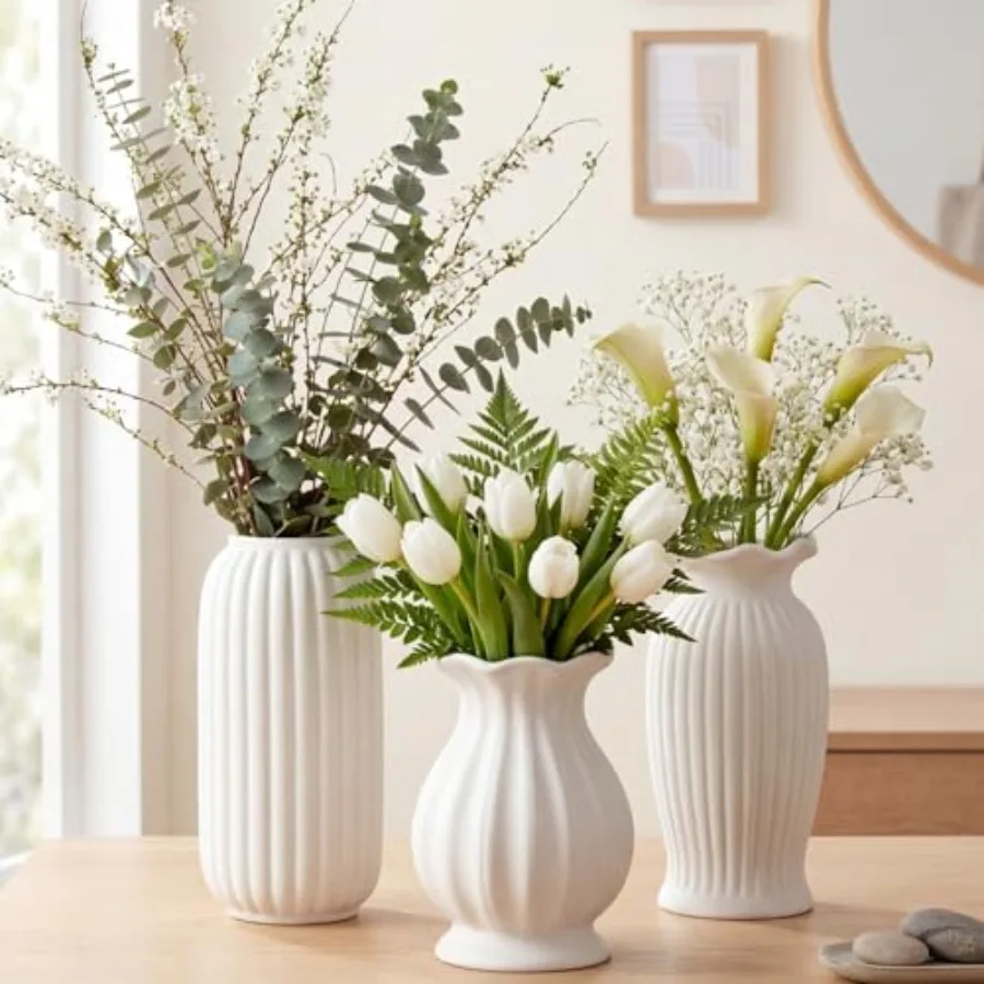 3 Pcs White Ceramic Vase Modern Fluted Ribbed Textured Boho Decorative Vase for Flowers Living Room Home Cabinet Table Centerpi
3 Pcs White Ceramic Vase Modern Fluted Ribbed Textured Boho Decorative Vase for Flowers Living Room Home Cabinet Table Centerpi