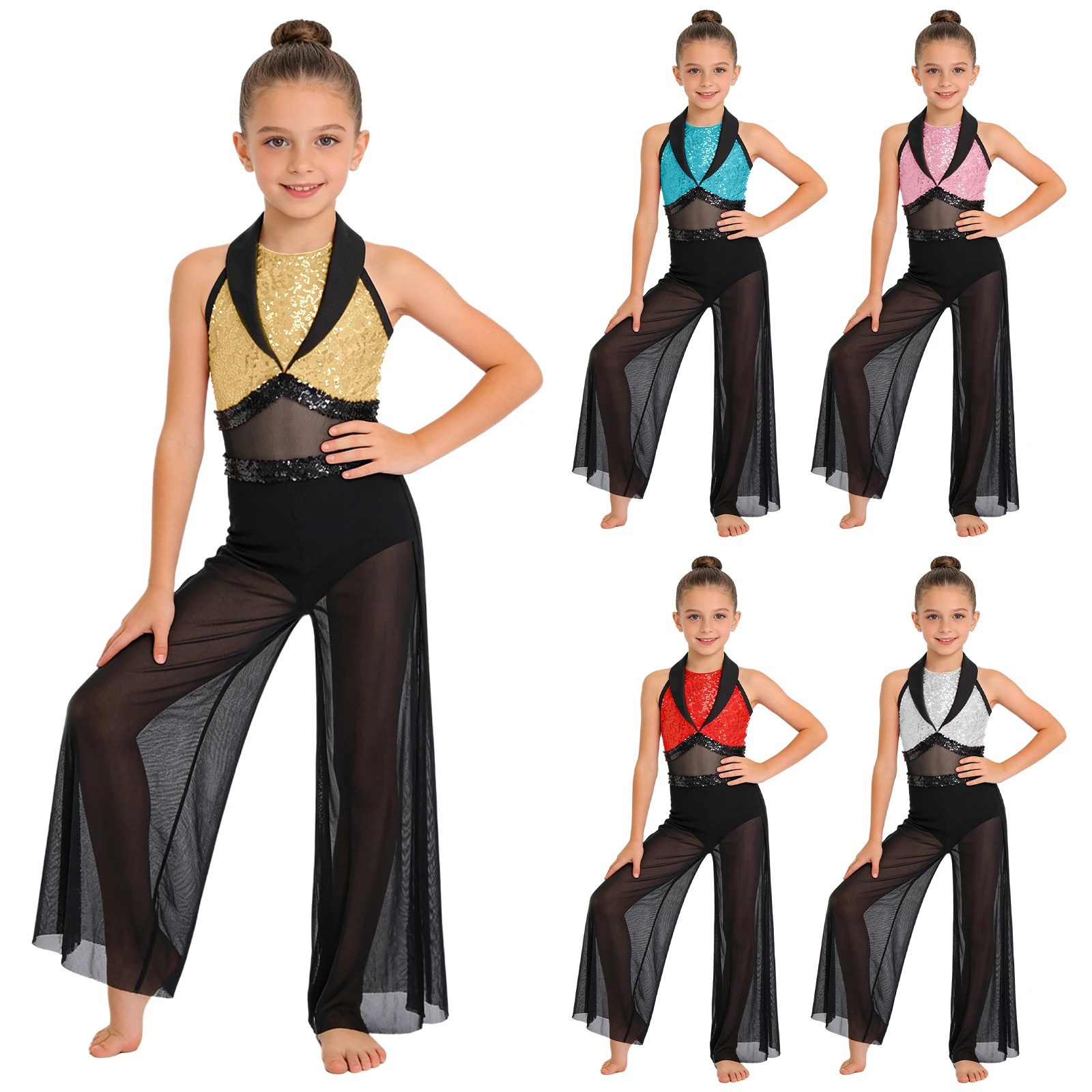 Kids Girls Jazz Dance Jumpsuit Sleeveless Keyhole Back Sides Split Wide-leg Color Block Shiny Sequin Patchwork Mesh Bodysuit
Kids Girls Jazz Dance Jumpsuit Sleeveless Keyhole Back Sides Split Wide-leg Color Block Shiny Sequin Patchwork Mesh Bodysuit