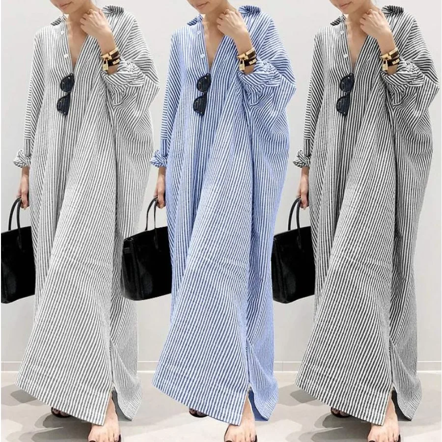【New style】 cotton and linen striped cardigan loose large-size temperament commuting irregular dress, long-sleeved, medium and
【New style】 cotton and linen striped cardigan loose large-size temperament commuting irregular dress, long-sleeved, medium and