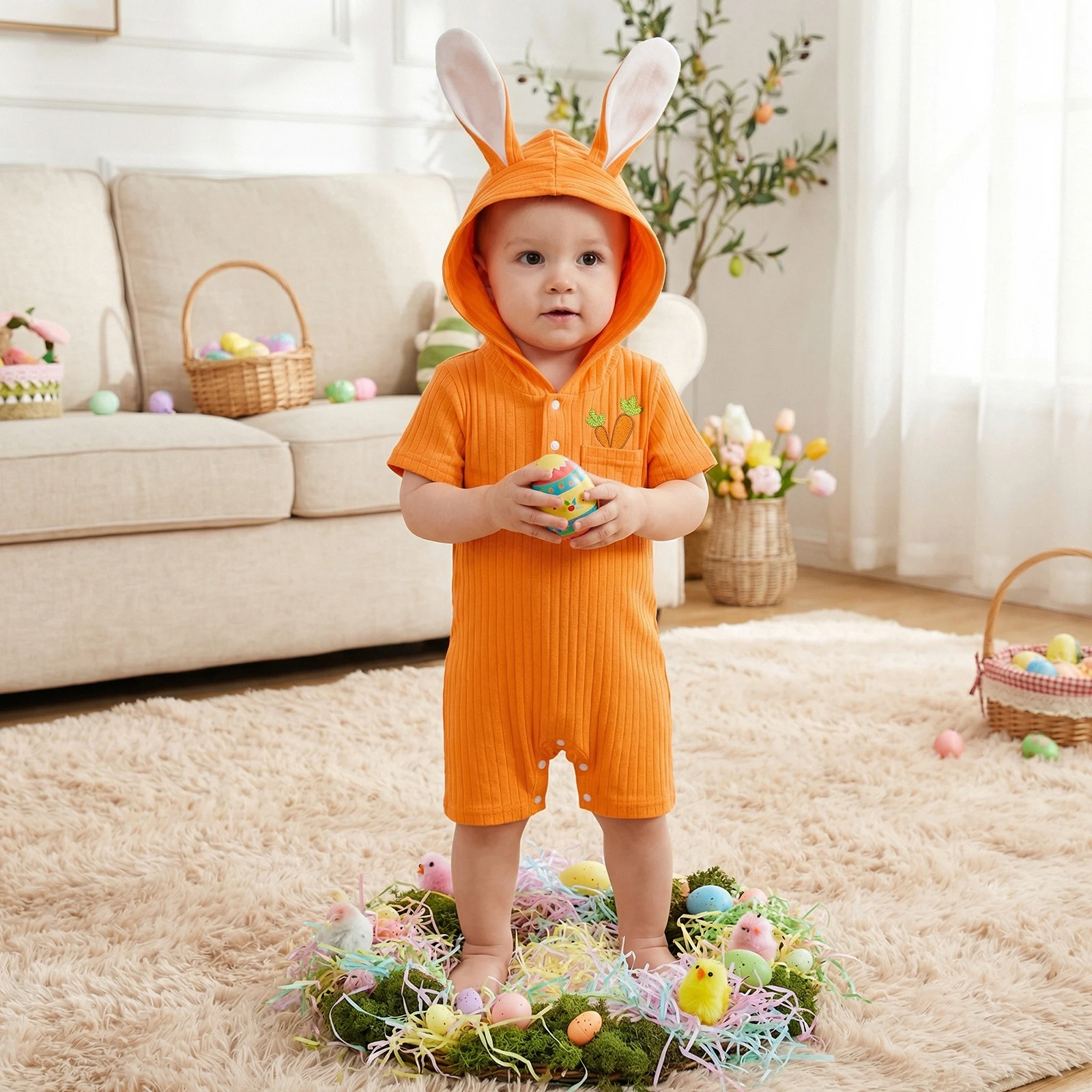 Детский пасхальный комбинезон с ушками кролика, вышитыми пуговицами, короткими рукавами и капюшоном, милый пасхальный костюм
Детский пасхальный комбинезон с ушками кролика, вышитыми пуговицами, короткими рукавами и капюшоном, милый пасхальный костюм