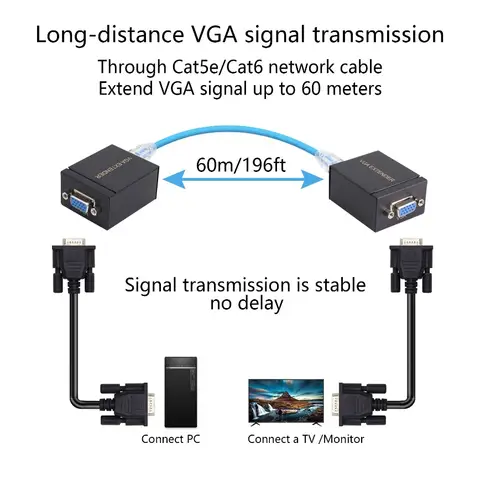 60M VGA Extender 196ft VGA Signal Extender Repeater Adapter VGA to RJ45 Transmitter + Receiver Over RJ45 Cat5e/6/7 Network Cable