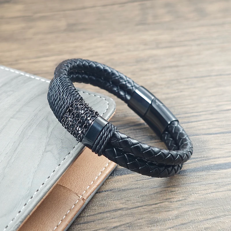 Black Braided Leather Bracelet for Men Stainless Steel Chain Detail Magnetic Buckle Fashion Male Jewelry Birthday Gift
Black Braided Leather Bracelet for Men Stainless Steel Chain Detail Magnetic Buckle Fashion Male Jewelry Birthday Gift