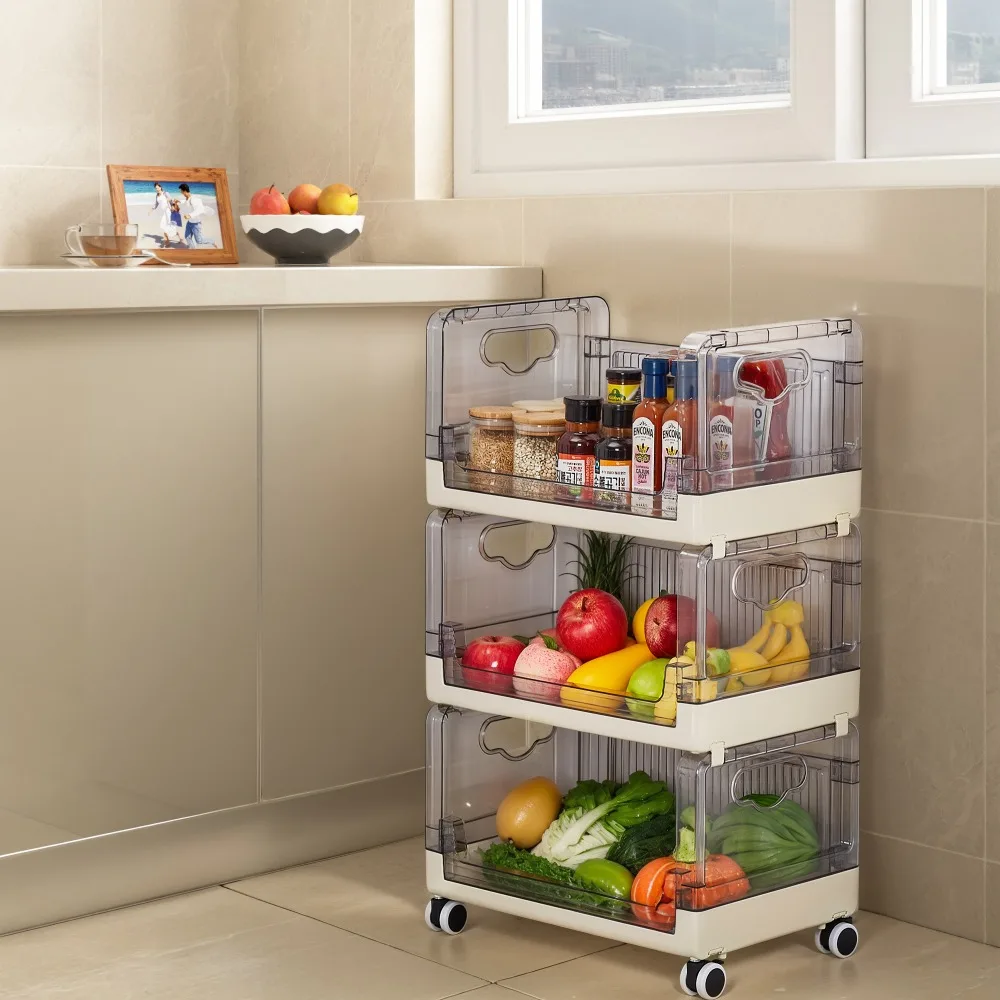 3-Tier Plastic Rolling Cart with Handles, Stackable Kitchen Storage Organization with Wheels, Fruit and Vegetable Basket
3-Tier Plastic Rolling Cart with Handles, Stackable Kitchen Storage Organization with Wheels, Fruit and Vegetable Basket
