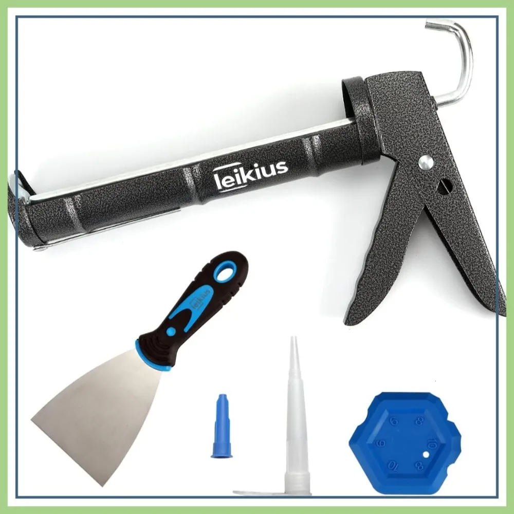 No-Drip Silicone Caulking Gun with Grout Scraper & Putty Knife, 10 OZ Tubes, Gift Box, Black-Silver
No-Drip Silicone Caulking Gun with Grout Scraper & Putty Knife, 10 OZ Tubes, Gift Box, Black-Silver
