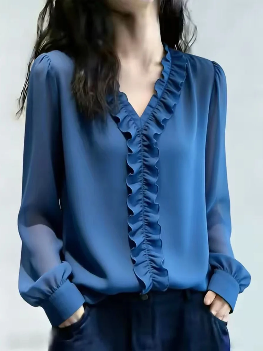 Blue Lantern Sleeve Blouse Women's V-neck Puff Trim Shirt Spring Fashion Slimming French Style Loose Fit Pure Color Top
Blue Lantern Sleeve Blouse Women's V-neck Puff Trim Shirt Spring Fashion Slimming French Style Loose Fit Pure Color Top