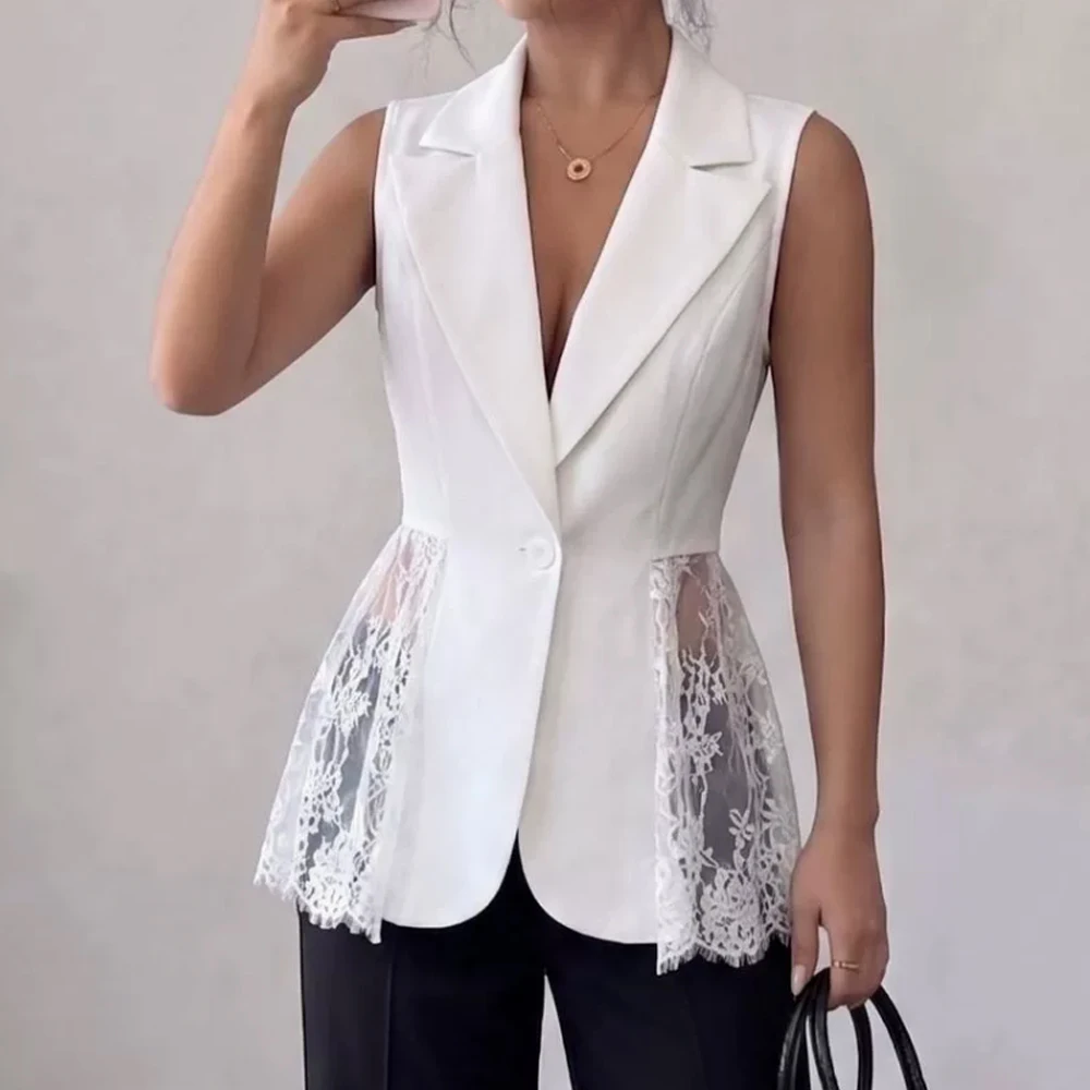 Women Elegant Lace Patchwork Sleeveless Blazer Vest Sleeveless Suit Outer Coat
Women Elegant Lace Patchwork Sleeveless Blazer Vest Sleeveless Suit Outer Coat