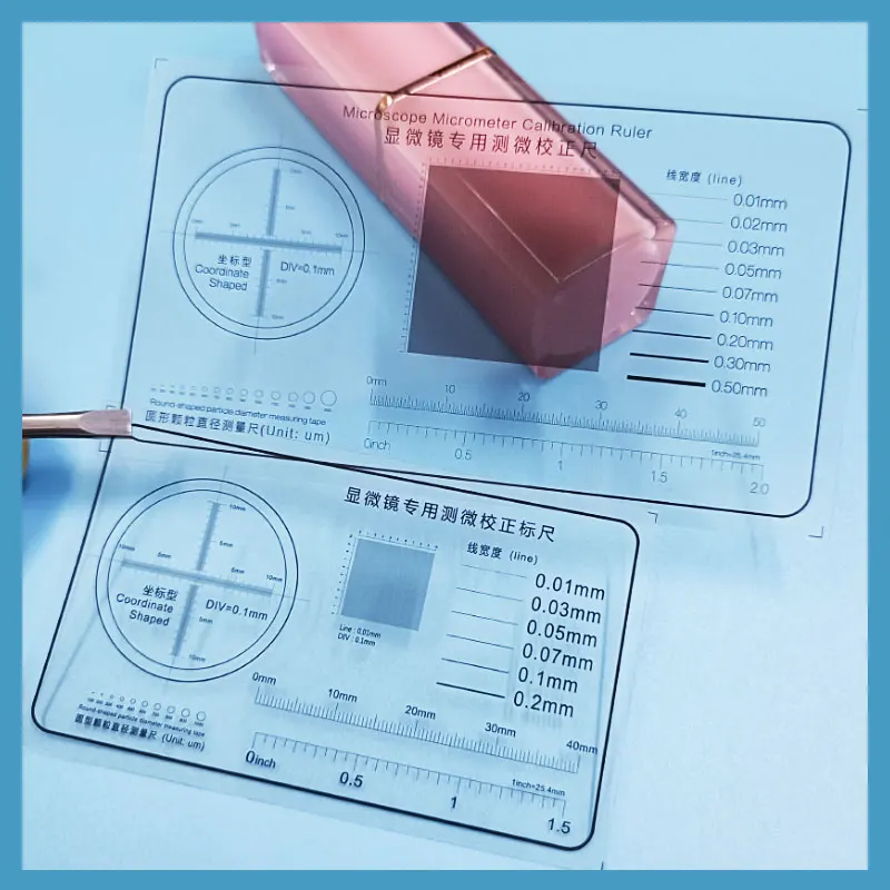 50x90mm 70x40mm 75x45mm SRGQ013 PET Rule Microscope Micrometer Measurement Tools Line Width Particle Diameter Micrometer Ruler
50x90mm 70x40mm 75x45mm SRGQ013 PET Rule Microscope Micrometer Measurement Tools Line Width Particle Diameter Micrometer Ruler