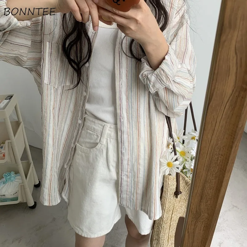 Women Shirt Vintage Striped Colorful Trendy Turn-down Collar Korean Fashion Breathable Sun-proof Popular Lazy Style Daily Baggy
Women Shirt Vintage Striped Colorful Trendy Turn-down Collar Korean Fashion Breathable Sun-proof Popular Lazy Style Daily Baggy