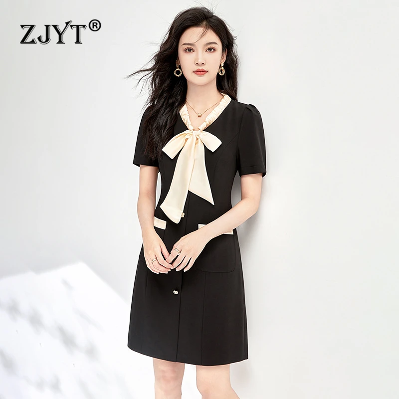 ZJYT Women's Hit Color Black Dresses Summer Designer Elegant Bow Collar Short Sleeve Button Pocket Casual Dress Knee Length Robe
ZJYT Women's Hit Color Black Dresses Summer Designer Elegant Bow Collar Short Sleeve Button Pocket Casual Dress Knee Length Robe