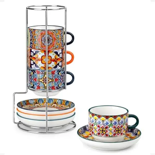 Vancasso 8 oz Stackable Espresso Cups Set of 4 with Saucers & Metal Stand - Bohemian Ceramic Cappuccino Mugs, Microwave & Dishwa
Vancasso 8 oz Stackable Espresso Cups Set of 4 with Saucers & Metal Stand - Bohemian Ceramic Cappuccino Mugs, Microwave & Dishwa
