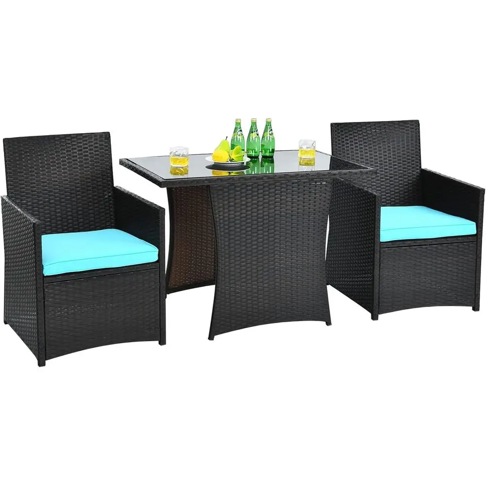3-Piece Outdoor Bistro Set with Tempered Glass Table, Cushioned Chairs, Turquoise Rattan Furniture for Patio, Balcony, Deck
3-Piece Outdoor Bistro Set with Tempered Glass Table, Cushioned Chairs, Turquoise Rattan Furniture for Patio, Balcony, Deck