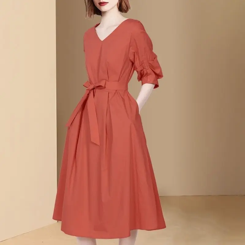 Stylish Drawstring Bow Dresses Women's Clothing Elegant V-Neck Loose A-Line Summer Half Sleeve Korean Solid Color Midi Dress New
Stylish Drawstring Bow Dresses Women's Clothing Elegant V-Neck Loose A-Line Summer Half Sleeve Korean Solid Color Midi Dress New