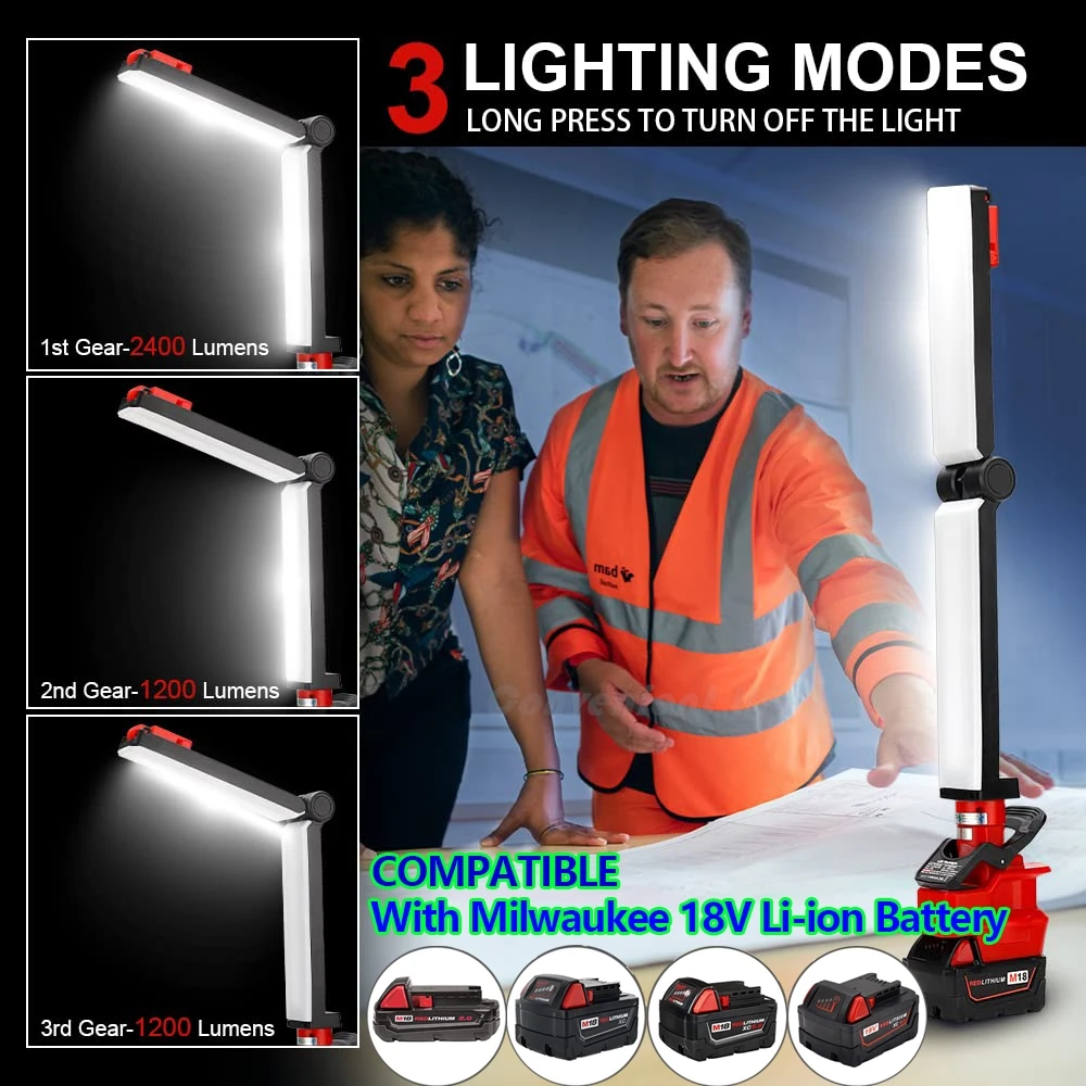 30W 2400LM Cordless LED Work Light Compatible with Milwaukee M18 18V Battery Folding Light Outdoor Floodlight USB Charging Port
30W 2400LM Cordless LED Work Light Compatible with Milwaukee M18 18V Battery Folding Light Outdoor Floodlight USB Charging Port