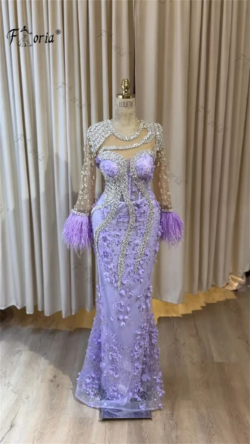Customized Luxury Dubai Lilac Mermaid Prom Dress 3D Floral Lace Beaded Long Sleeve Feather Lace Formal Party Gown Robe de soiree
Customized Luxury Dubai Lilac Mermaid Prom Dress 3D Floral Lace Beaded Long Sleeve Feather Lace Formal Party Gown Robe de soiree