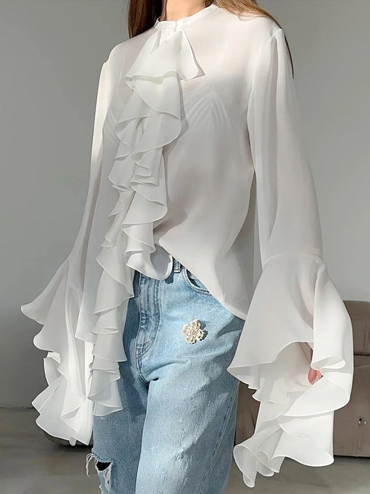 Sexy Asymmetrical Ruffles Trim Long Flare Sleeve Blouse for Women 2026 Fashion O-Neck Open Front Thin Summer Tops Female Blusas
Sexy Asymmetrical Ruffles Trim Long Flare Sleeve Blouse for Women 2026 Fashion O-Neck Open Front Thin Summer Tops Female Blusas