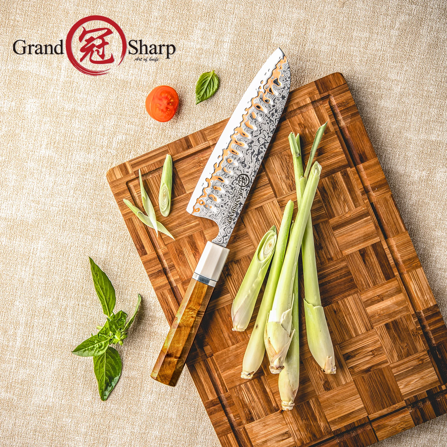 Grandsharp Japanese 7 Inch Santoku Knife Copper Damascus 55 Layers Steel 10Cr15CoMoV Core Solidified Wood Handle with Gift Boxed
Grandsharp Japanese 7 Inch Santoku Knife Copper Damascus 55 Layers Steel 10Cr15CoMoV Core Solidified Wood Handle with Gift Boxed