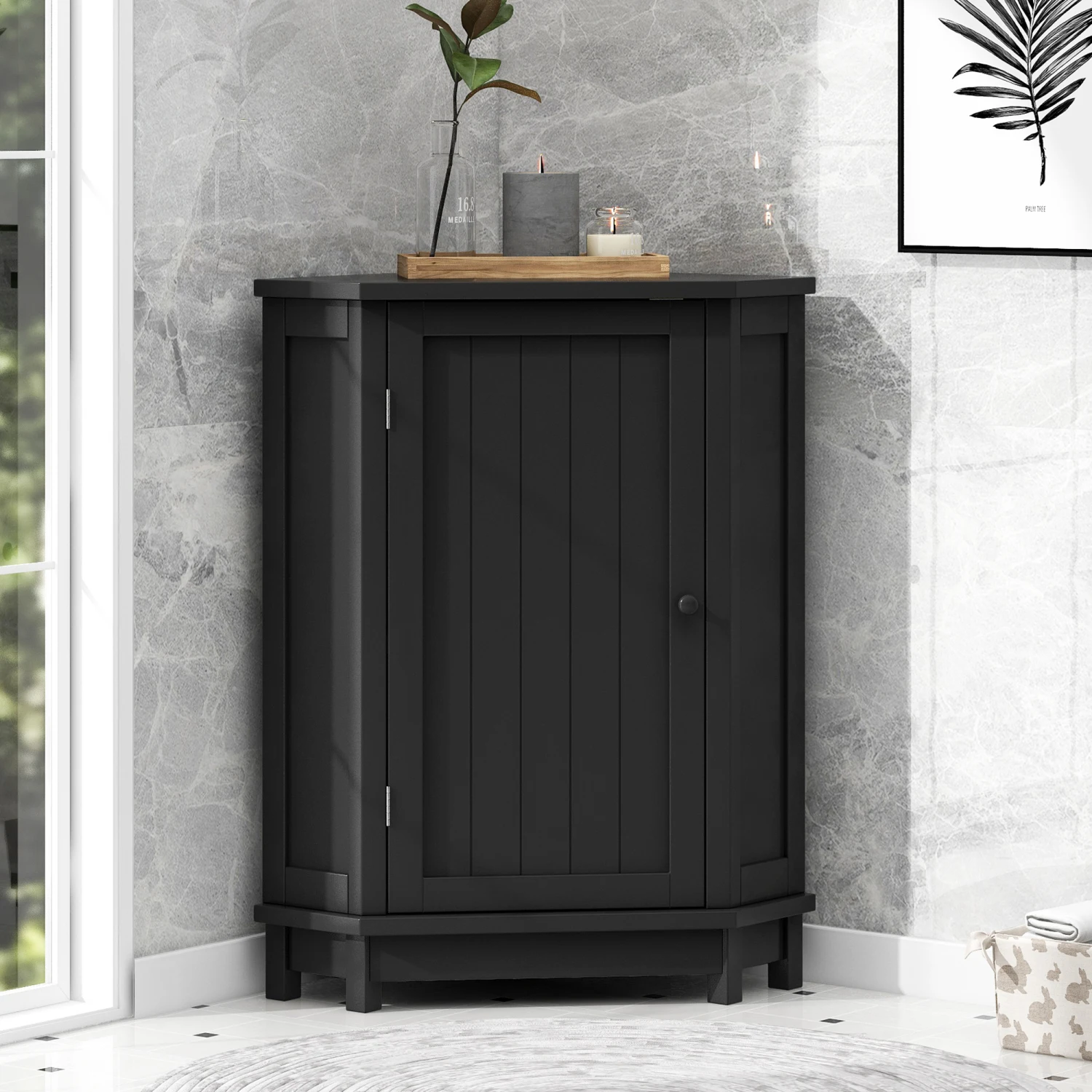 Black Bathroom Cabinet Triangle Corner Storage Cabinet with Adjustable Shelf Modern Style MDF Board
Black Bathroom Cabinet Triangle Corner Storage Cabinet with Adjustable Shelf Modern Style MDF Board