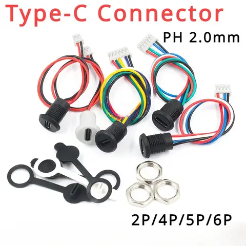 Lot de 5 connecteurs USB-C étanches 2 à 6 broches avec verrouillage à écrou PH 2.0 pour montage sur panneau, prise de charge rapide TPC étanche