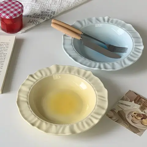 Advanced French Irregular Embossed Lace Plates Fruit Plate Pasta Plate Retro Solid Color Skirt Plate Cream Plates Dessert Plates