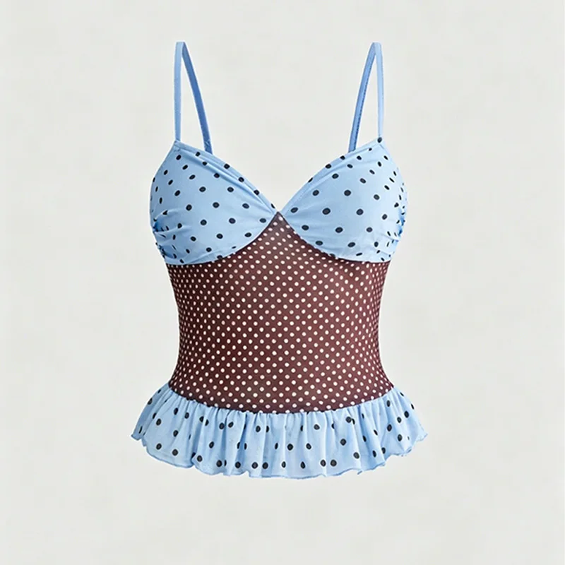 INS retro contrasting polka dot ruffle camisole top slim fit tight vest casual sleeveless top with chest cushion
INS retro contrasting polka dot ruffle camisole top slim fit tight vest casual sleeveless top with chest cushion