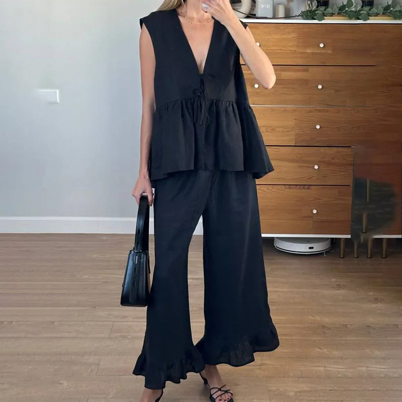 Хлопковый модный комплект, жилет без рукавов, жилет, кружевной топ, широкие брюки, темпераментная женская клубная одежда из двух предметов, Vestidos 
Хлопковый модный комплект, жилет без рукавов, жилет, кружевной топ, широкие брюки, темпераментная женская клубная одежда из двух предметов, Vestidos